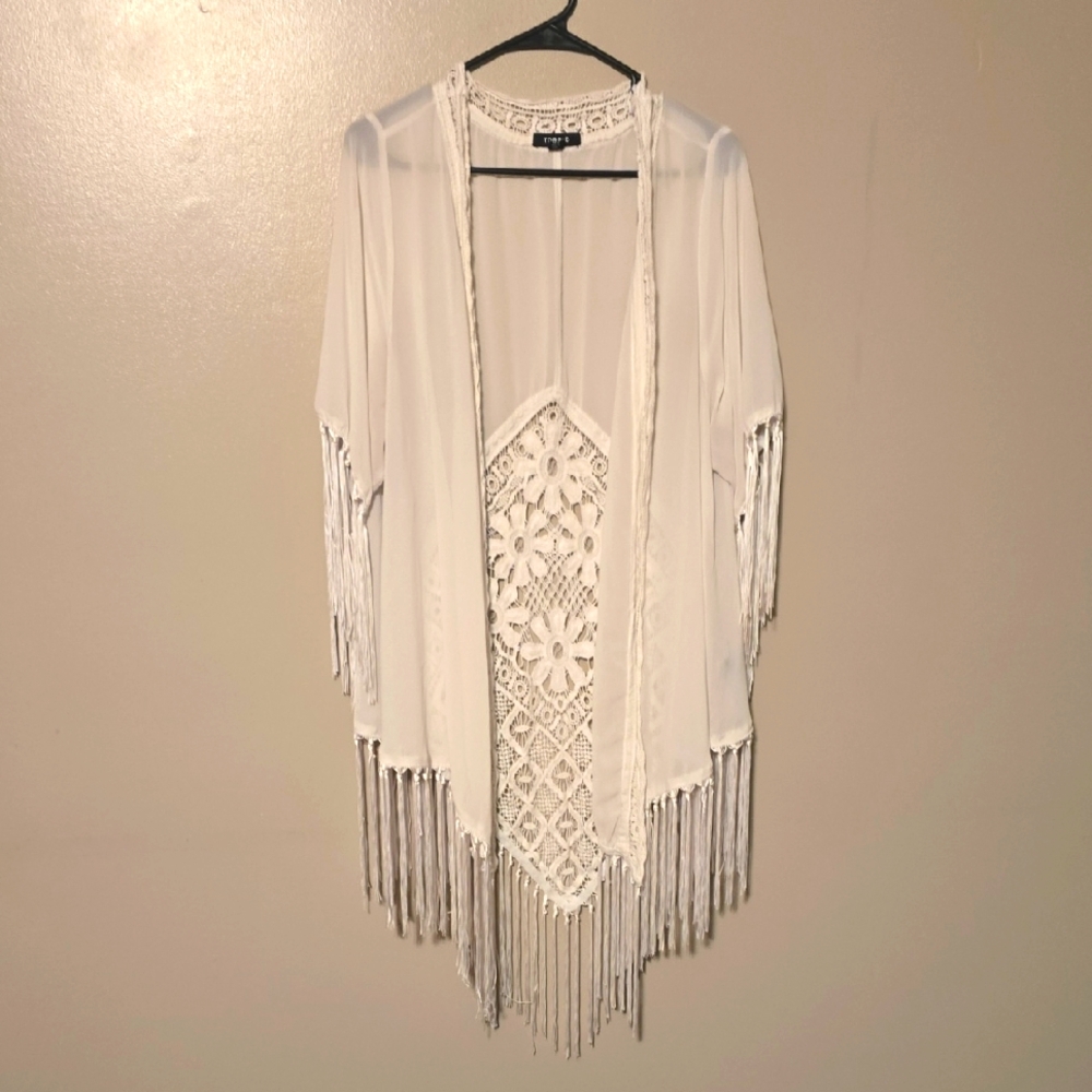 Torrid White Eyelette Fringe Open Front Longline‎ Vest Cardigan Size 1 / 12 Lg